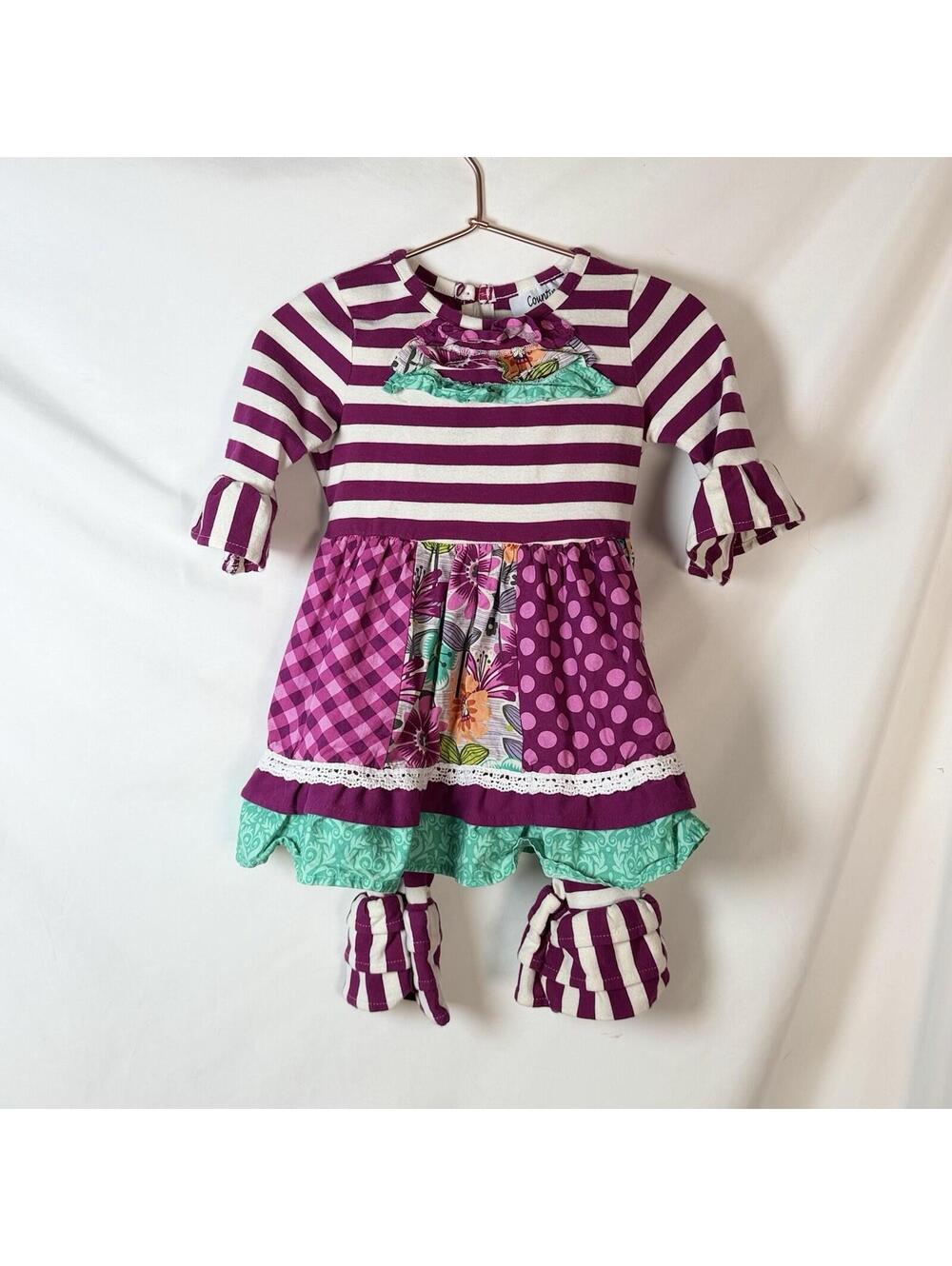 Counting Daisies Girls 2T 2-Piece Tunic & Striped Ruffle Pants Set Bow
